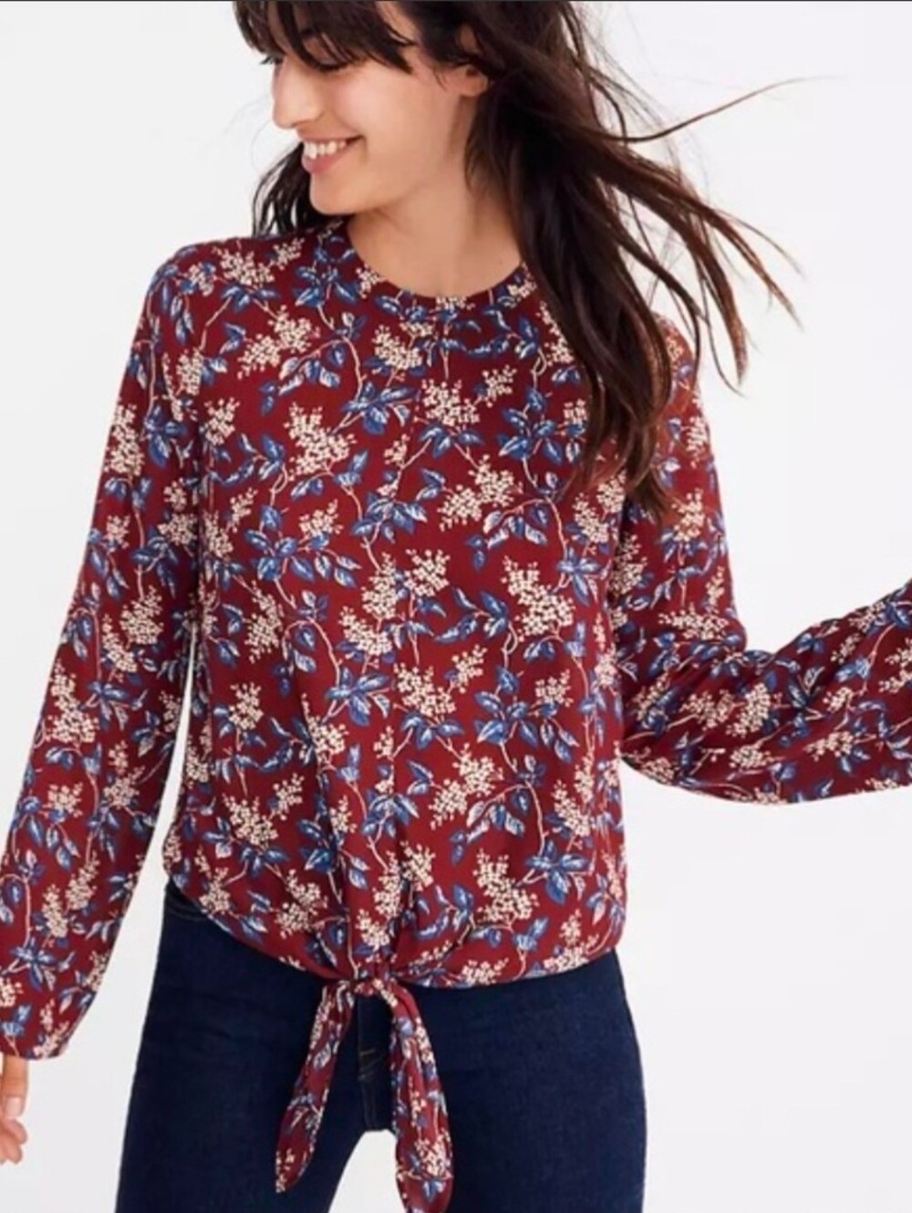 Madewell Burgundy Floral Tie-Front Long Sleeve Blouse Size S